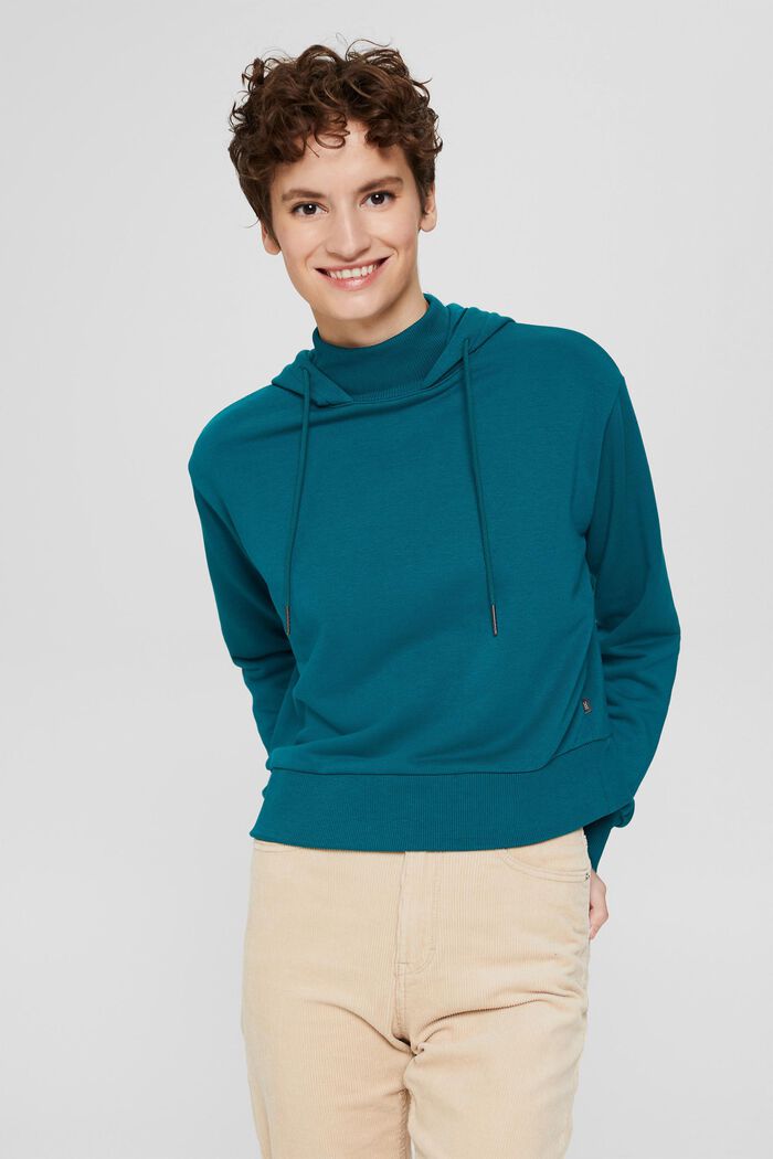 Hoodie with a stand-up collar in blended cotton, EMERALD GREEN, detail image number 0