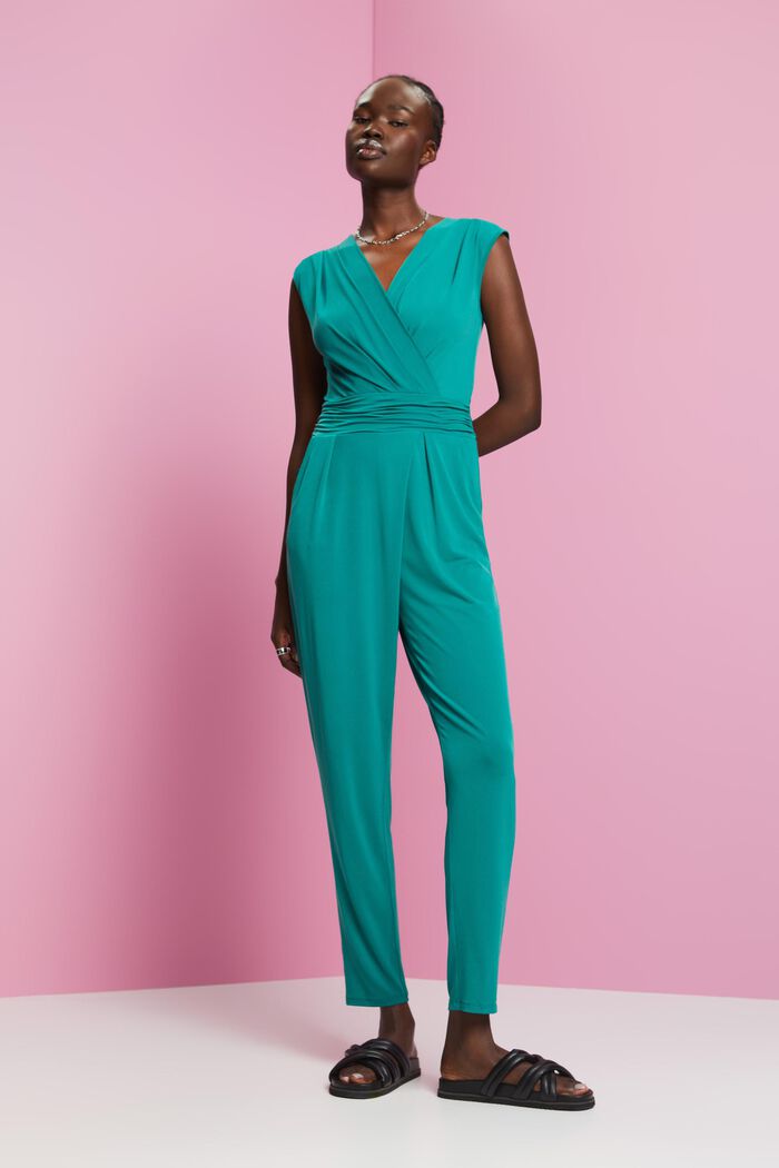 Sleeveless jumpsuit with wrapped neckline, EMERALD GREEN, detail image number 4