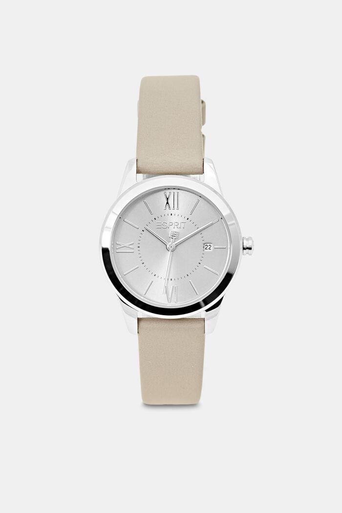 Watch with a leather strap and date display, GREY, overview