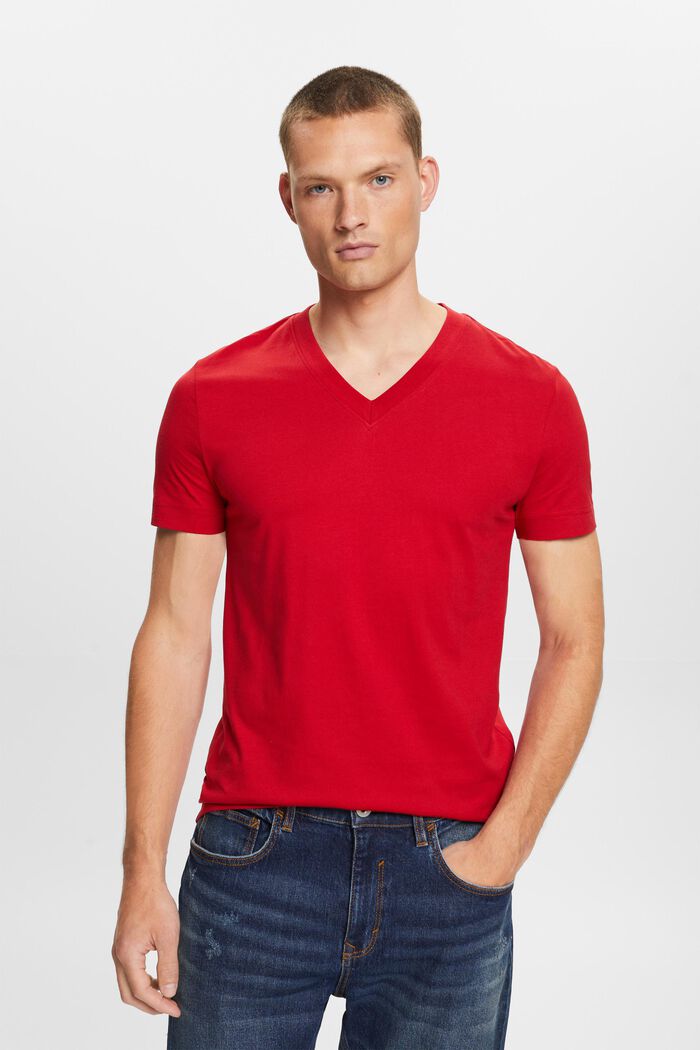 Jersey V-neck t-shirt, 100% cotton, DARK RED, detail image number 0