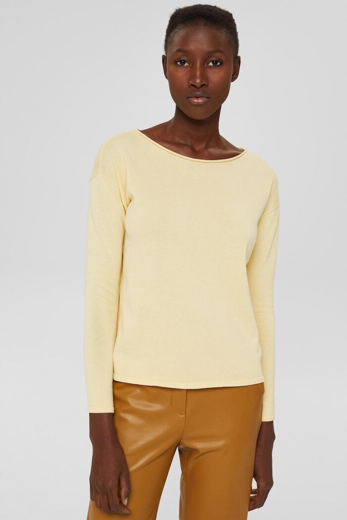 Fine knit jumper with a rolled hem, PASTEL YELLOW, detail image number 0