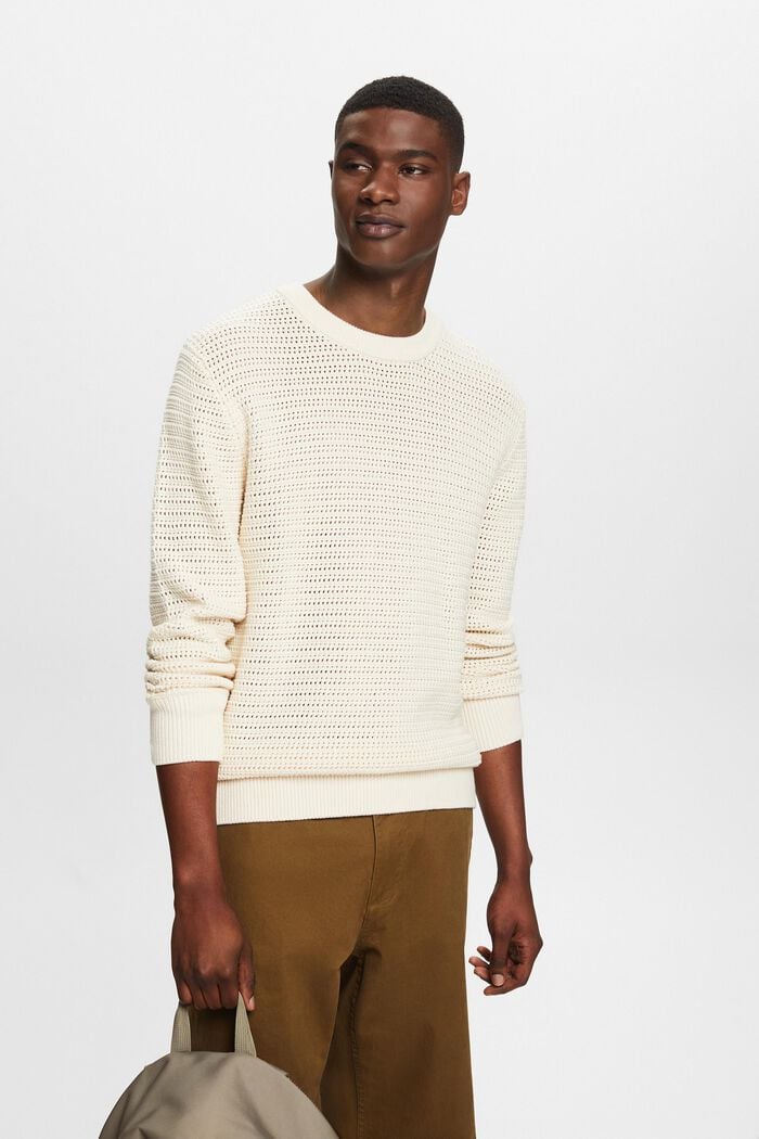 Open-Knit Crewneck Sweater, BEIGE, detail image number 0