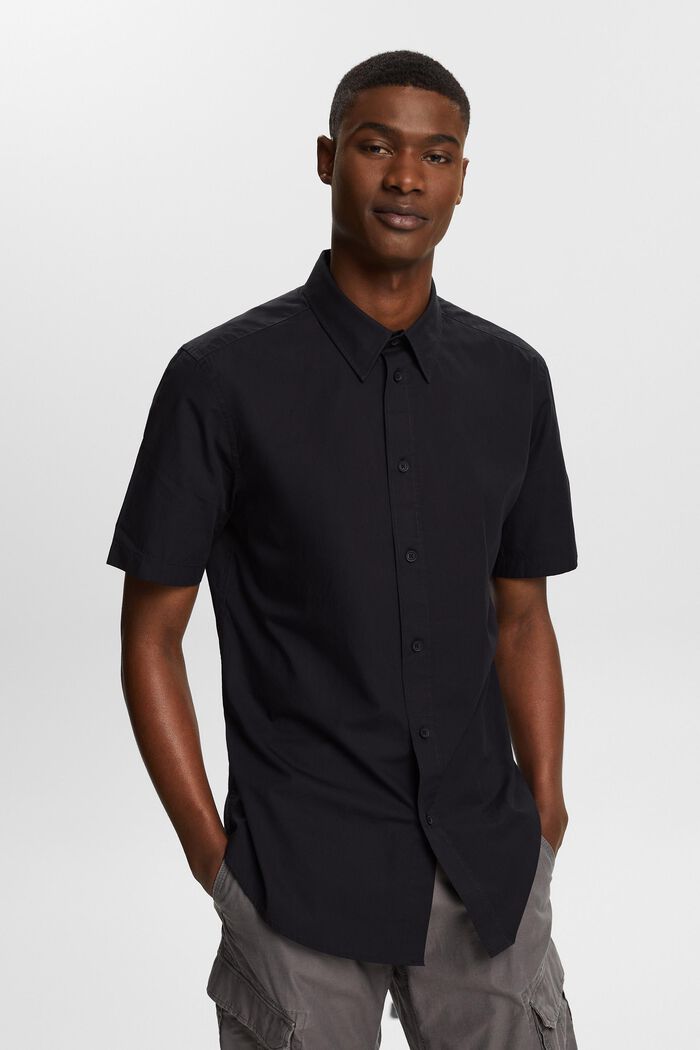 Cotton Poplin Short-Sleeve Shirt, BLACK, detail image number 0