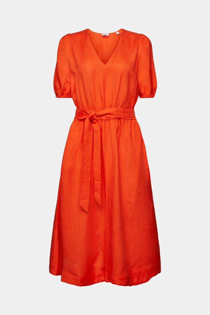 Belted Puff-Sleeve Midi Dress, BRIGHT ORANGE, detail image number 6