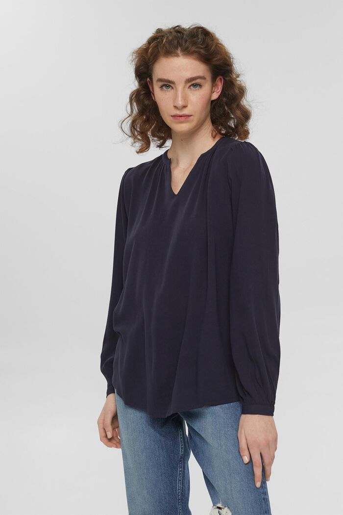 Blouse with a cup-shaped neckline, in LENZING™ ECOVERO™, NAVY, detail image number 0