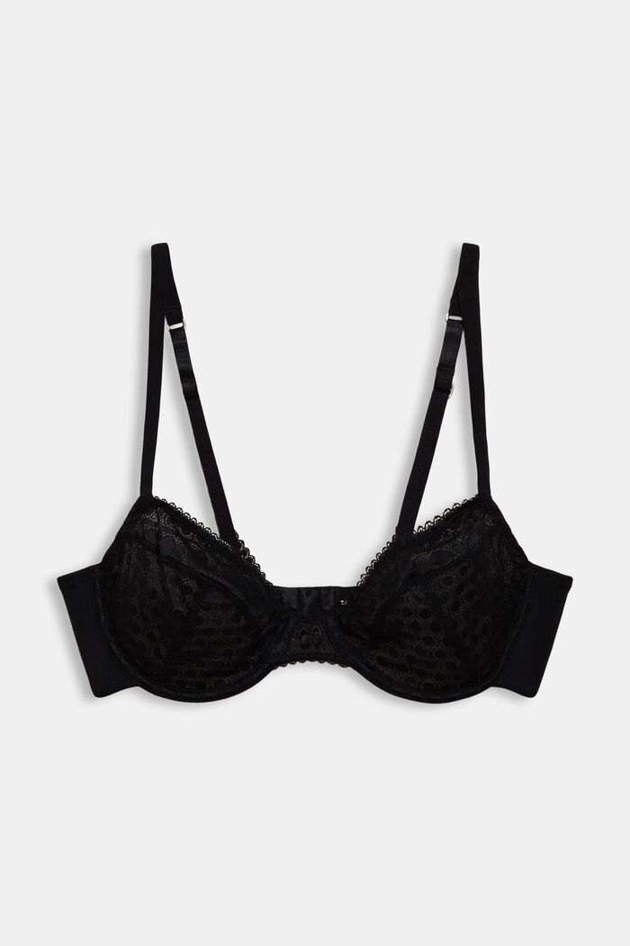 Recycled: Underwire bra in geometric lace, BLACK, overview