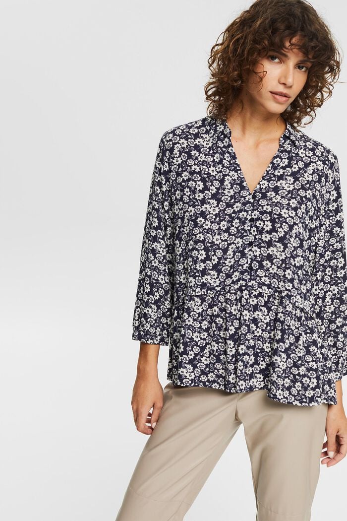 Blouse with a frilled edge, LENZING™ ECOVERO™, NAVY, detail image number 0