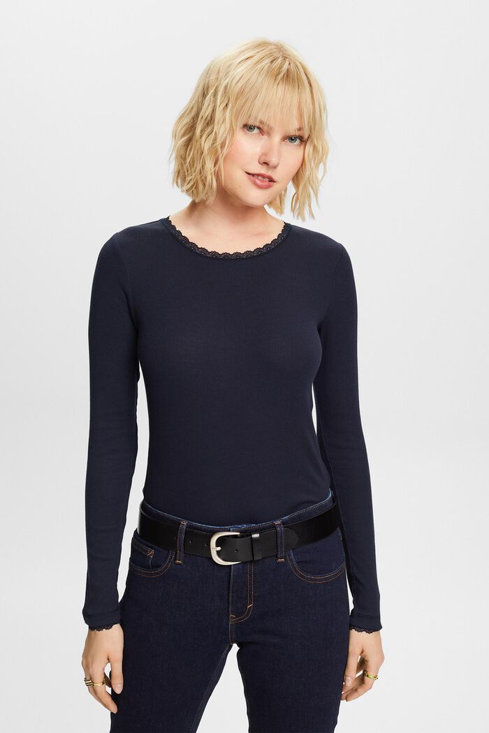 Ribbed long sleeve top, organic cotton, NAVY, detail image number 0