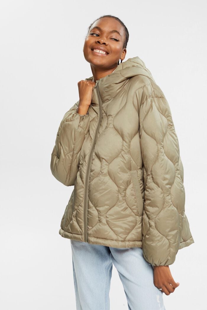 Recycled: quilted jacket with a hood, PALE KHAKI, detail image number 0