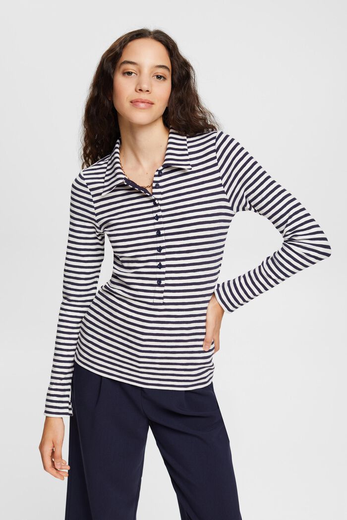Striped polo long sleeve top, OFF WHITE, detail image number 1