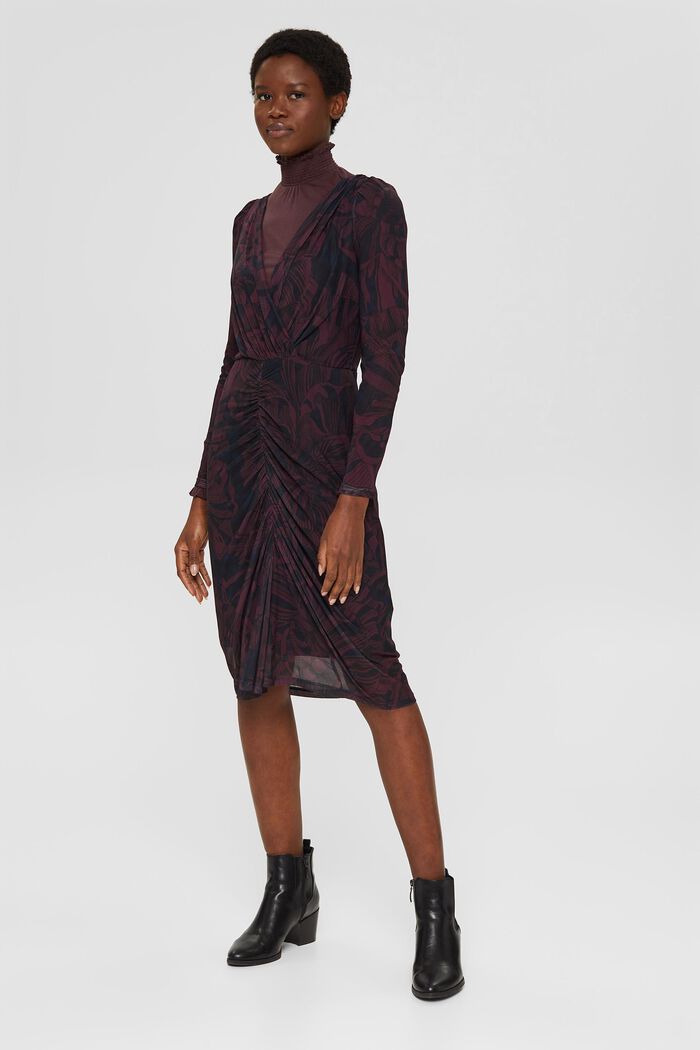 Gathered and printed mesh dress, BORDEAUX RED, overview