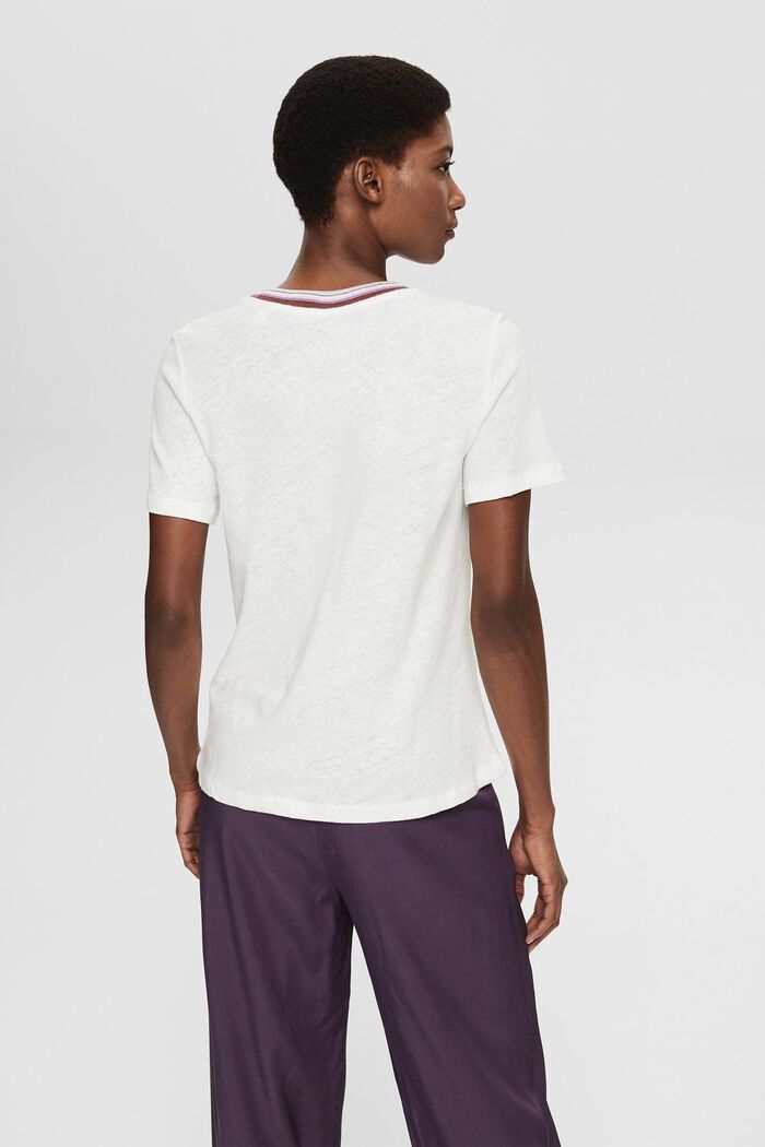 Linen blend: T-shirt with a striped neckline, OFF WHITE, detail image number 3