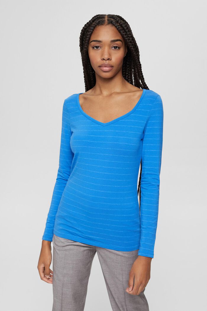 Long sleeve top with stripes, organic cotton blend, BLUE, detail image number 0