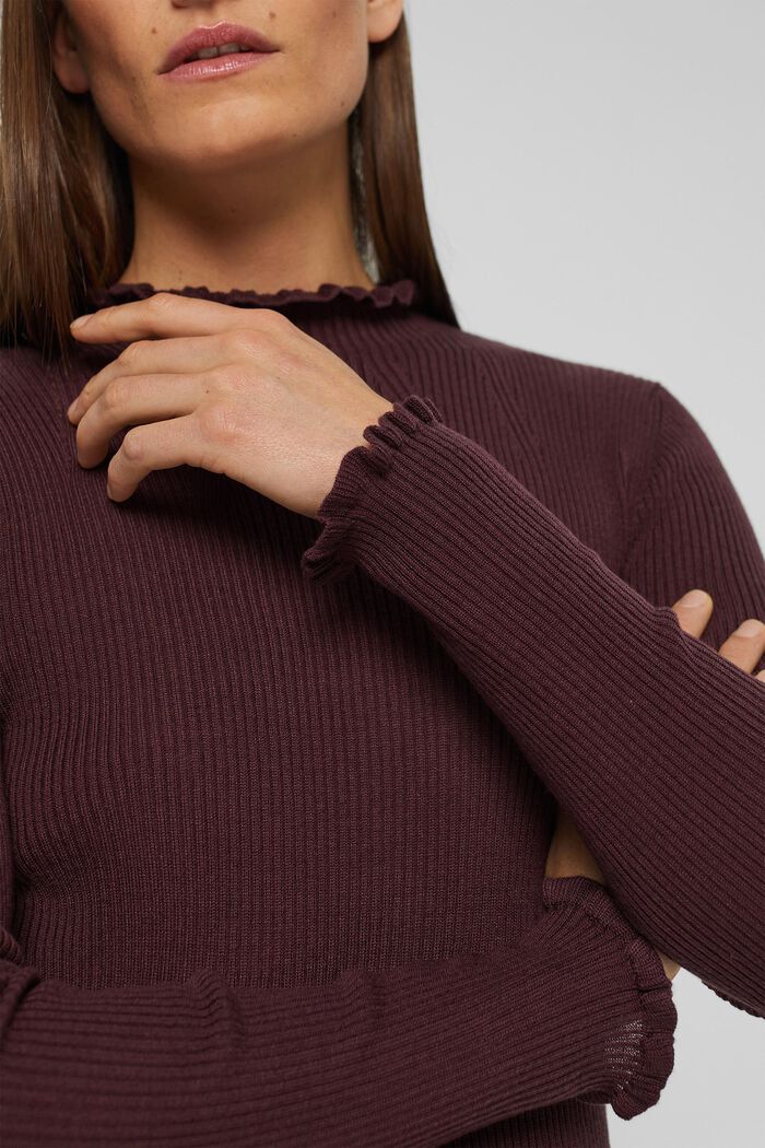 Wool blend: ribbed jumper with frills, BORDEAUX RED, detail image number 2
