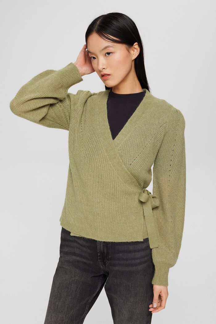 Wool/alpaca blend: cardigan in a wrap-over look, LIGHT KHAKI, detail image number 0