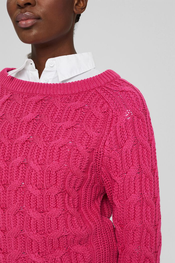 Cable knit jumper made of blended cotton, PINK FUCHSIA, detail image number 2