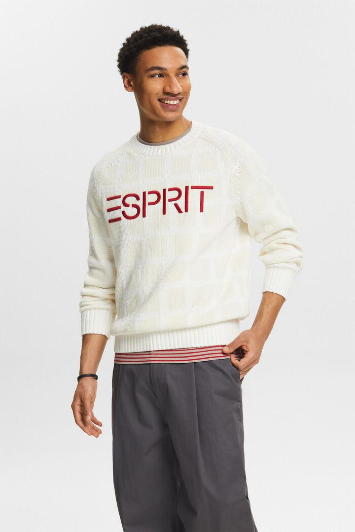 Logo Grid Chunky Knit Sweater, WHITE, detail image number 0