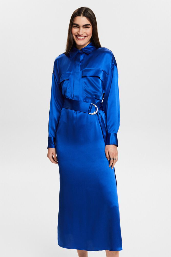 Silk Satin Belted Midi Dress, BRIGHT BLUE, detail image number 0