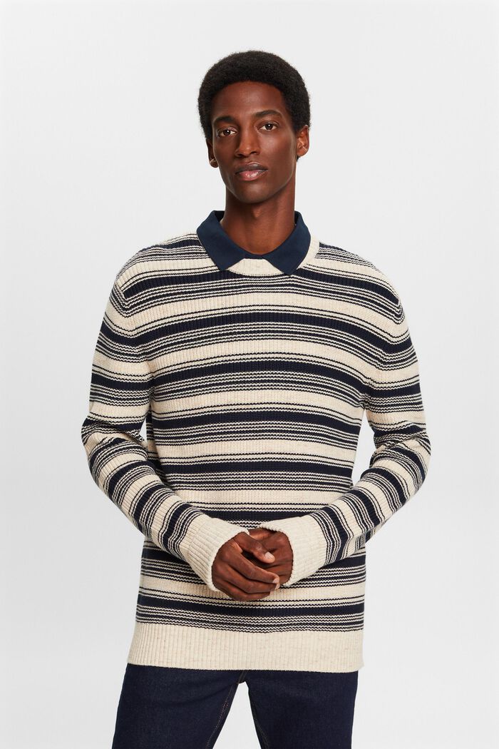 Striped crewneck jumper, 100% cotton, NAVY, detail image number 1