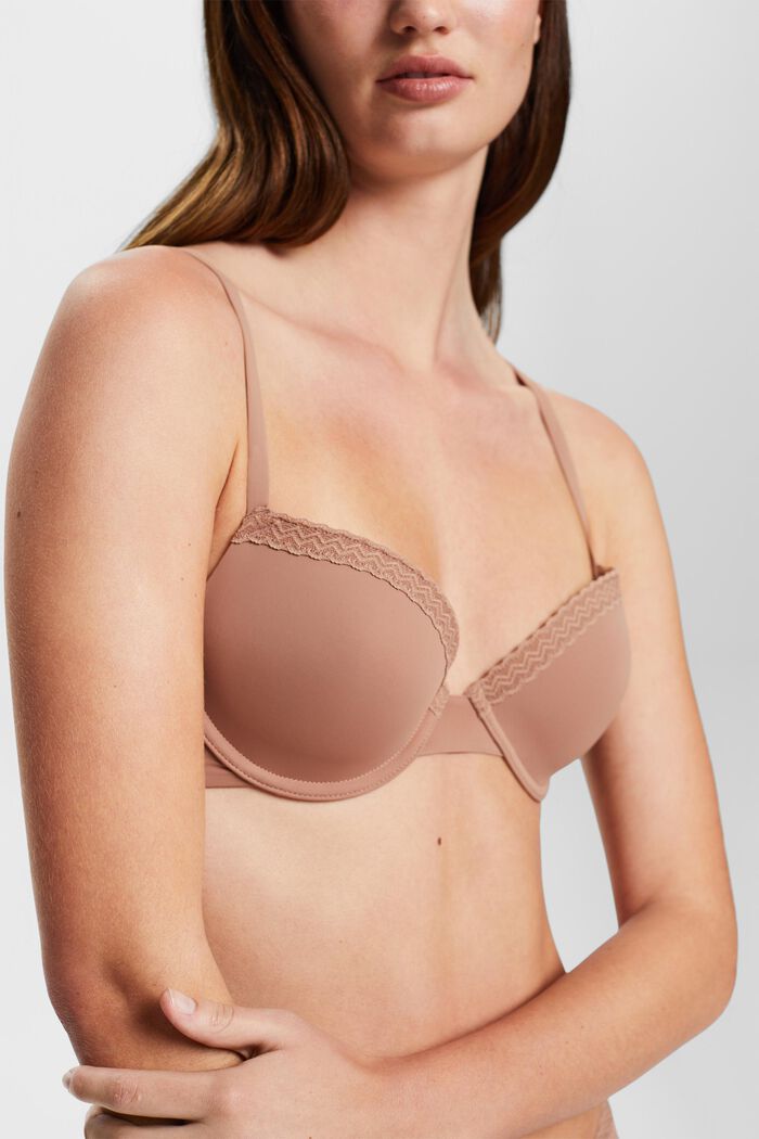 Padded Underwire Lace Band Microfiber Bra, BEIGE, detail image number 1
