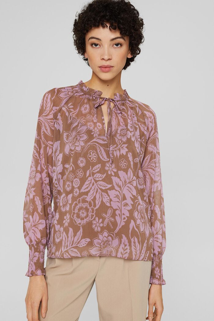 Chiffon blouse with frills and smocked details, TAUPE, detail image number 0