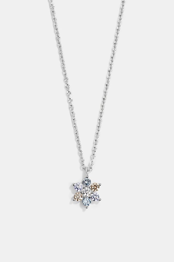 Necklace with a zirconia flower, sterling silver, SILVER, overview