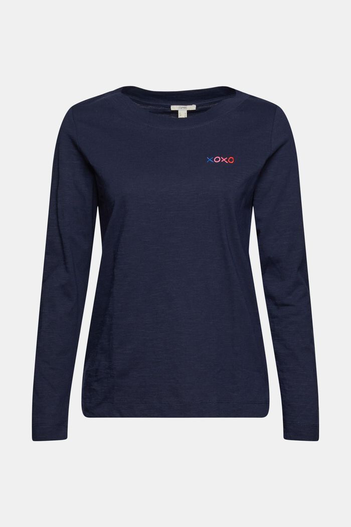 Embroidered long sleeve top, 100% cotton, NAVY, detail image number 7