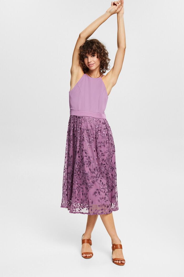 Halterneck dress with floral embroidery, PURPLE, detail image number 1