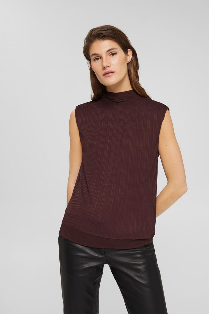 Pleated chiffon top with neck ties, BORDEAUX RED, detail image number 0