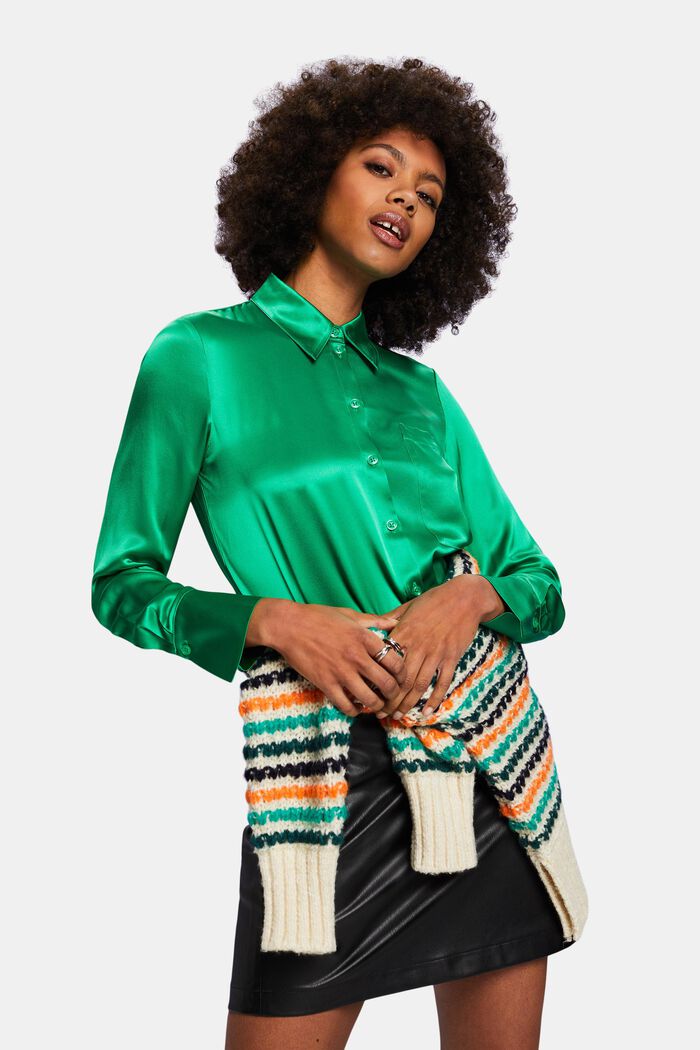 Silk Satin Shirt, GREEN, detail image number 0