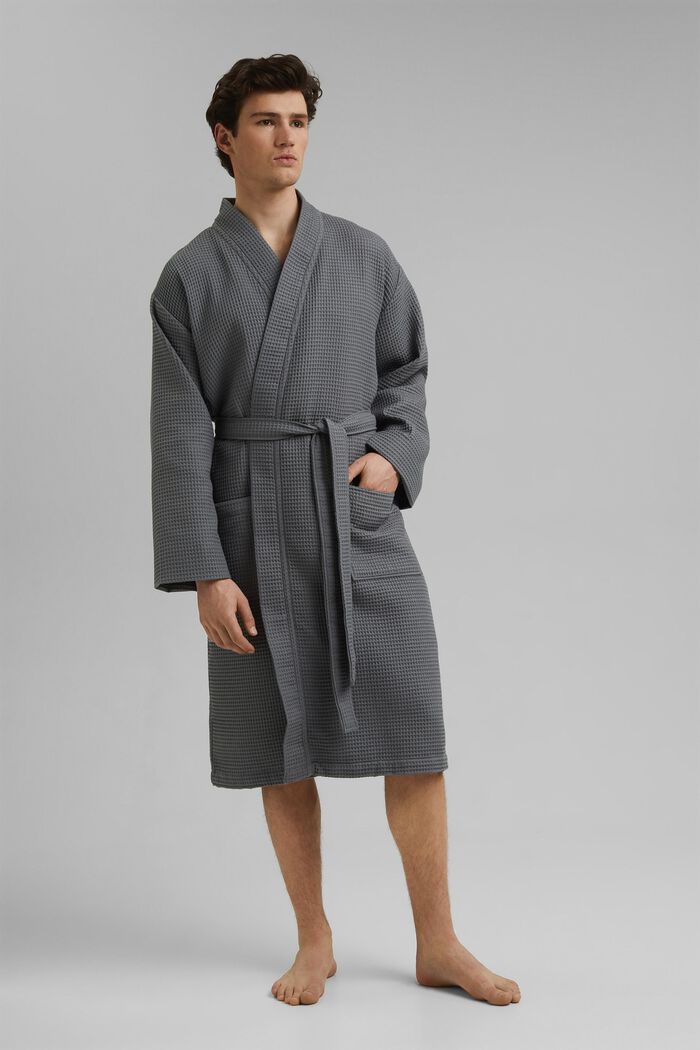 Men's bathrobe made of waffle piqué, cotton, ANTHRACITE, overview