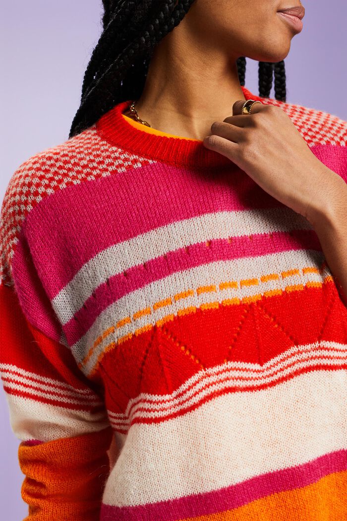 Striped Crewneck Sweater, RED, detail image number 3