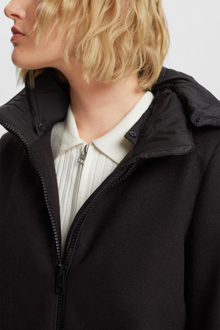Mixed Material Hooded Coat, BLACK, detail image number 2