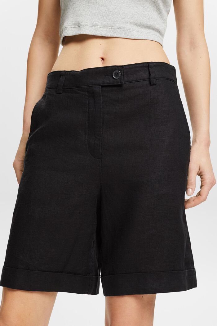 Linen Cuffed Shorts, BLACK, detail image number 3