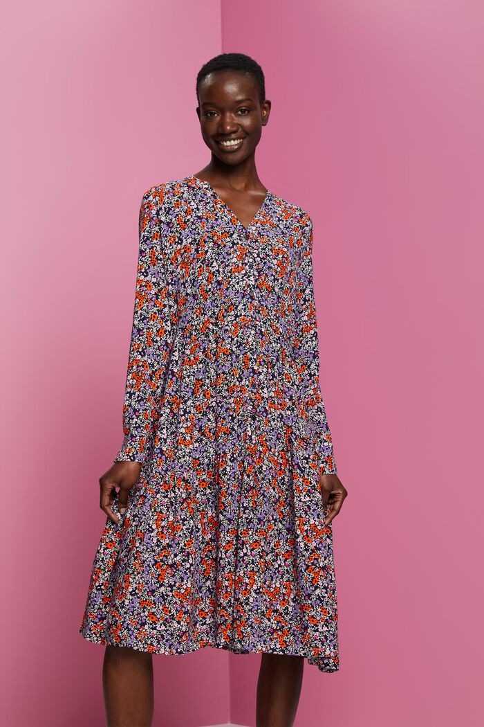 Midi dress with all-over floral print, NAVY, detail image number 0