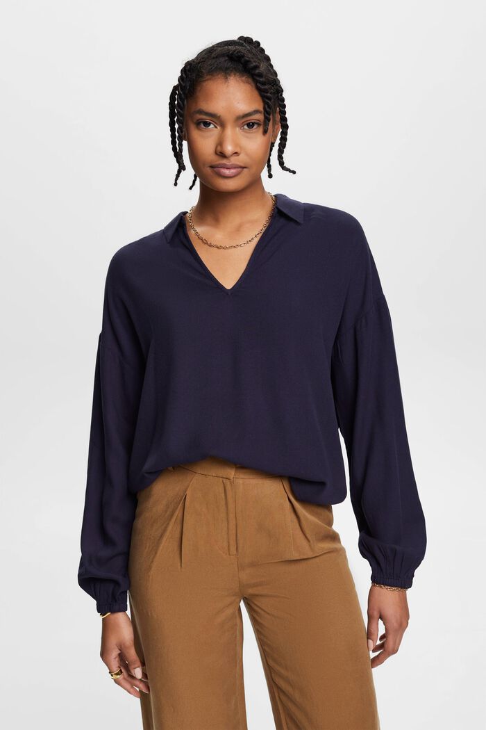 V-neck blouse with turn-down collar, NAVY, detail image number 0