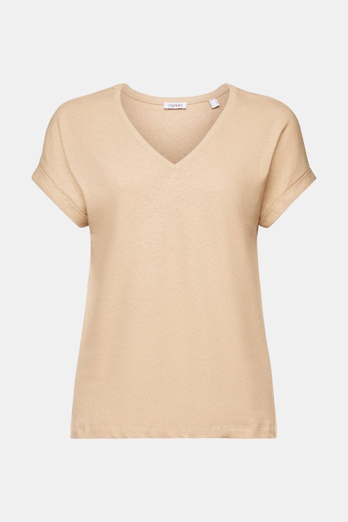 Cotton-Linen V-Neck T-Shirt, BEIGE, detail image number 5