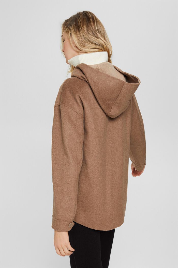 Made of recycled material: wool blend shacket with a hood, TAUPE, detail image number 3