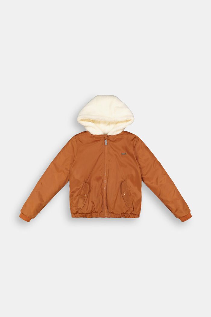 Bomber jacket with a hood and teddy fur lining, RUST BROWN, detail image number 0