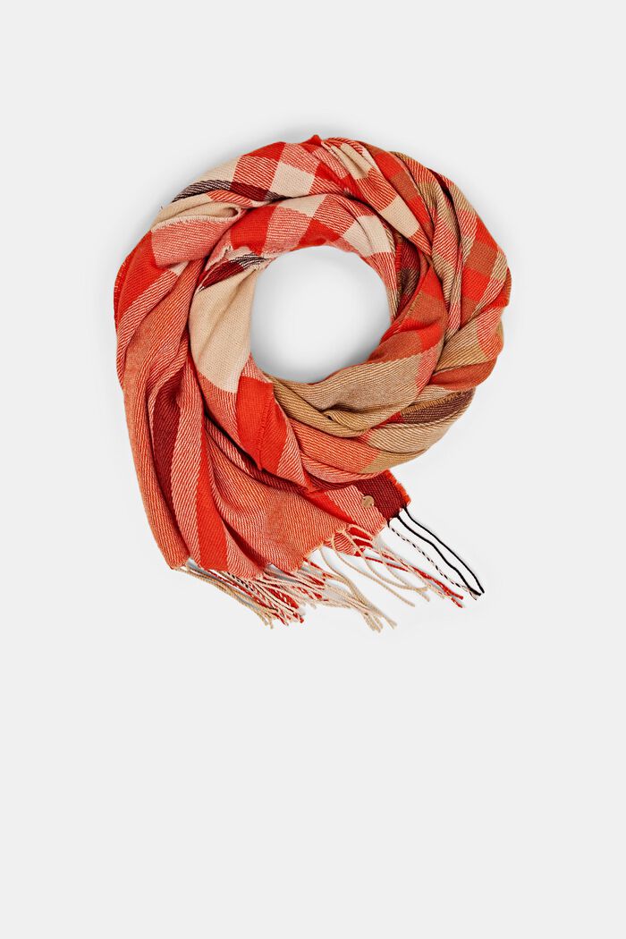 Recycled: checked scarf with fringes, CARAMEL, detail image number 0