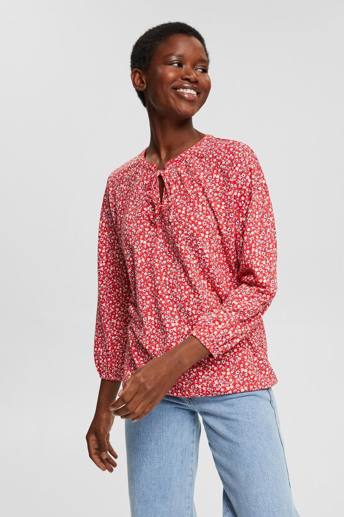 Long sleeve top in a blouse look made of blended organic cotton, RED, overview