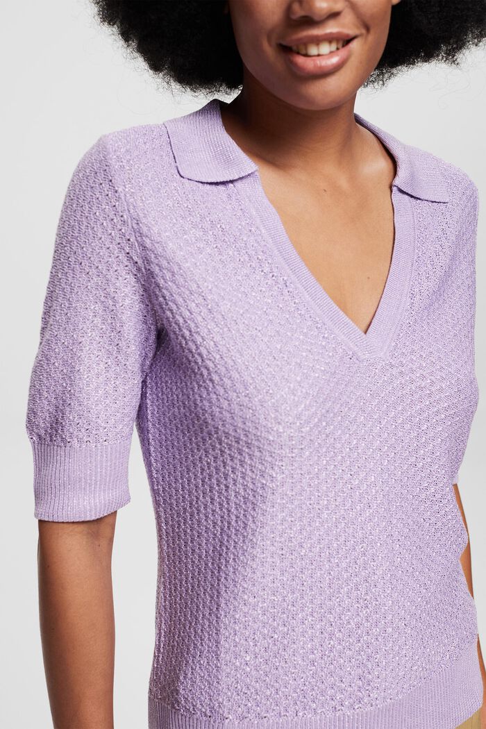 Textured knit jumper with a polo collar, LAVENDER, detail image number 2