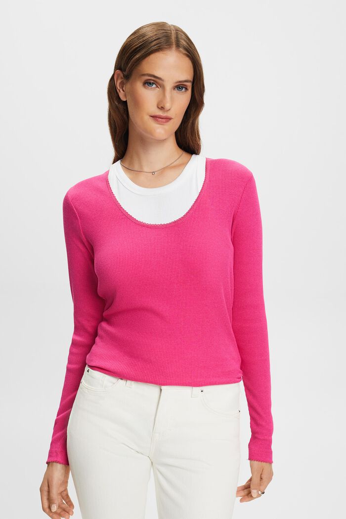 Rib-Knit Jersey Longsleeve Top, PINK FUCHSIA, detail image number 2