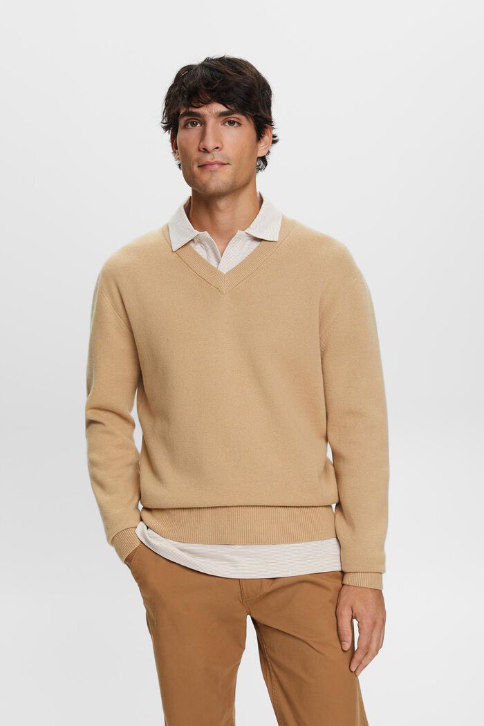 Basic V-neck jumper, wool blend, SAND, detail image number 0