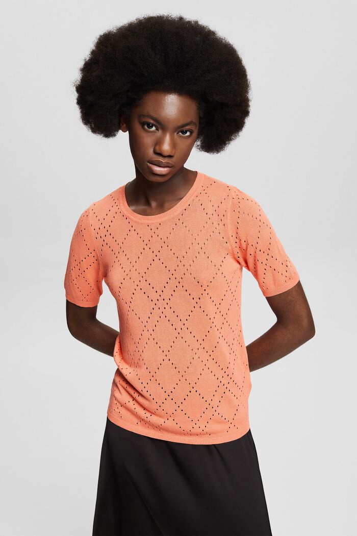 Linen blend: Knitted top with a openwork pattern, CORAL ORANGE, detail image number 0
