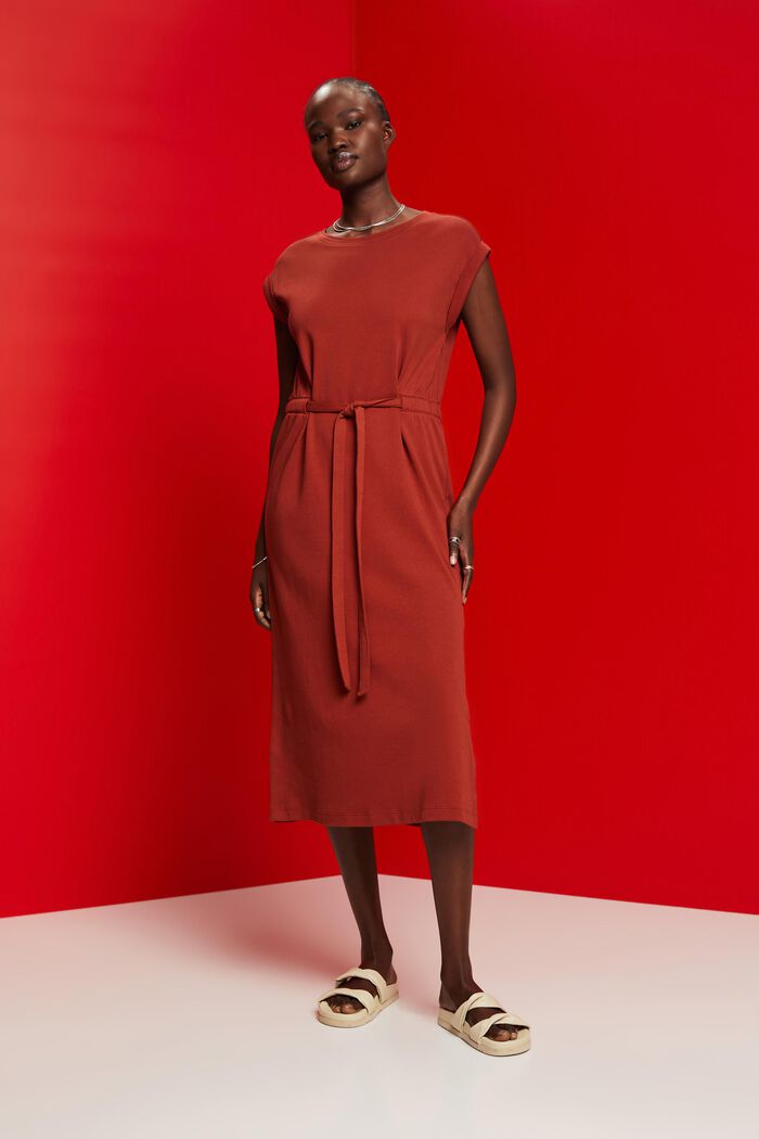 Jersey midi dress with a tie belt, TERRACOTTA, detail image number 0