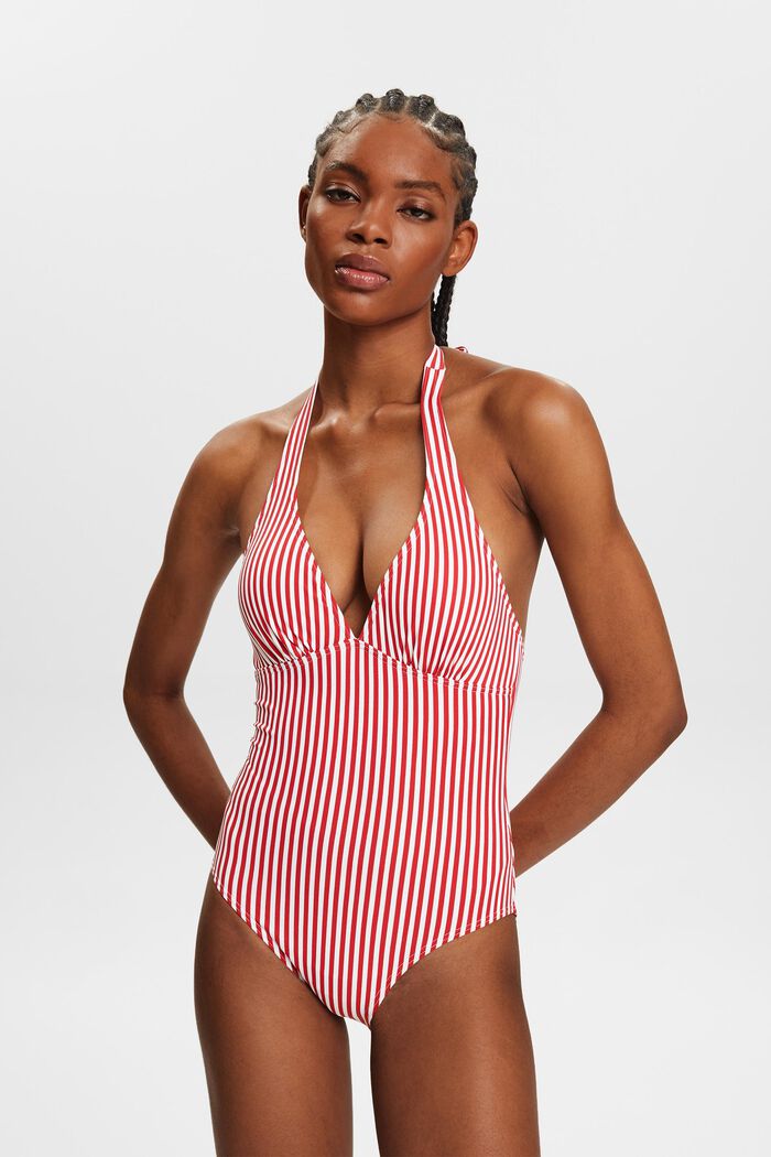 Striped Halterneck Swimsuit, DARK RED, detail image number 0