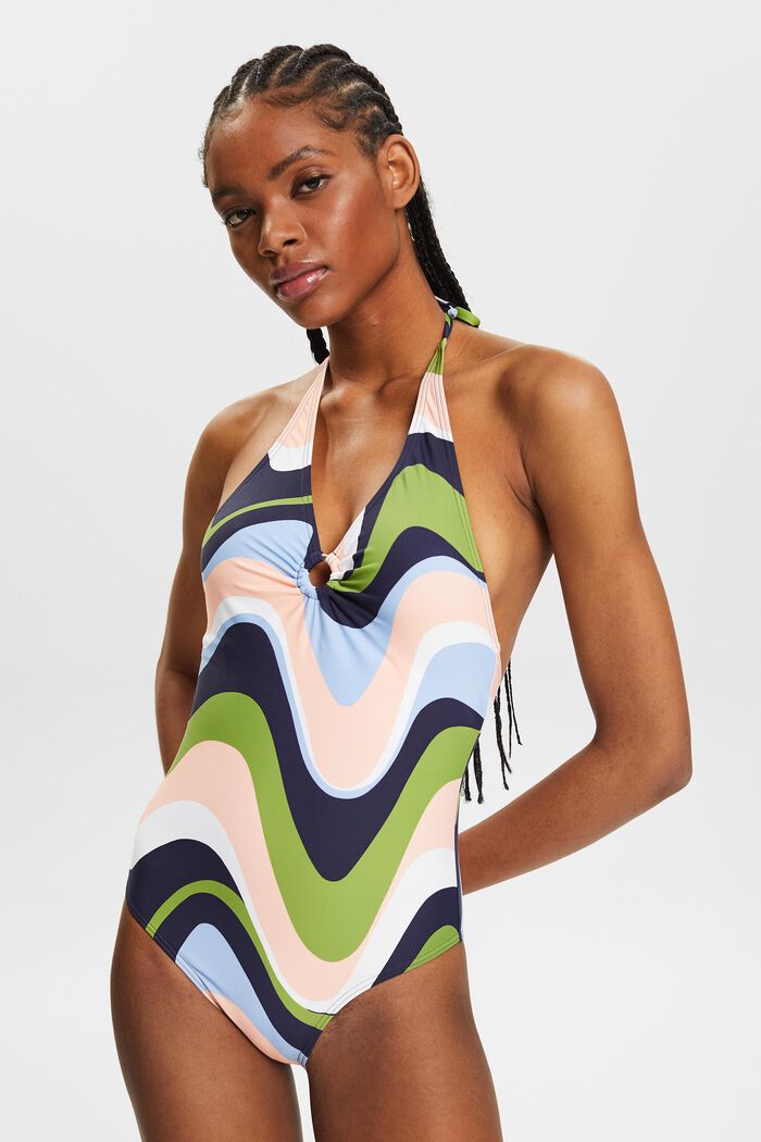 Printed Halter One-Piece Swimsuit, NAVY COLORWAY, detail image number 1