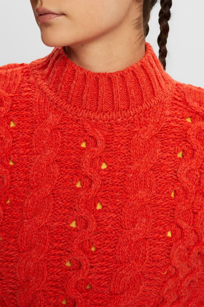 Cable-Knit Wool-Blend Sweater, BRIGHT ORANGE, detail image number 2