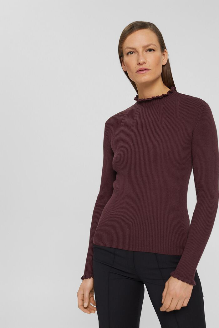 Wool blend: ribbed jumper with frills, BORDEAUX RED, detail image number 0